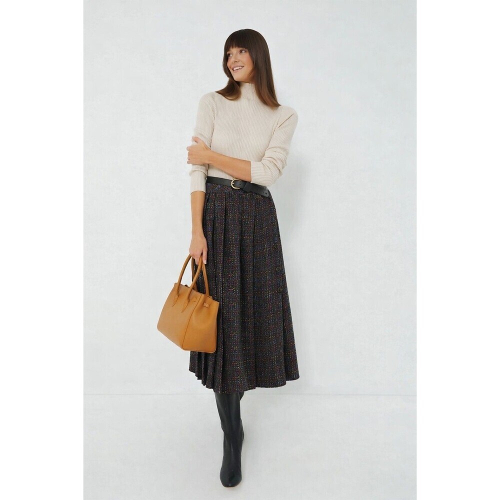 Vintage Pleated Skirt Sz 9-10 Rainbow Tweed Wool Blend Midi Side Buttons Preppy